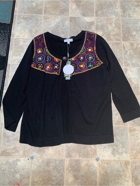 Joseph A Black Cardigan with Multicolor Beaded Embroidered Yoke